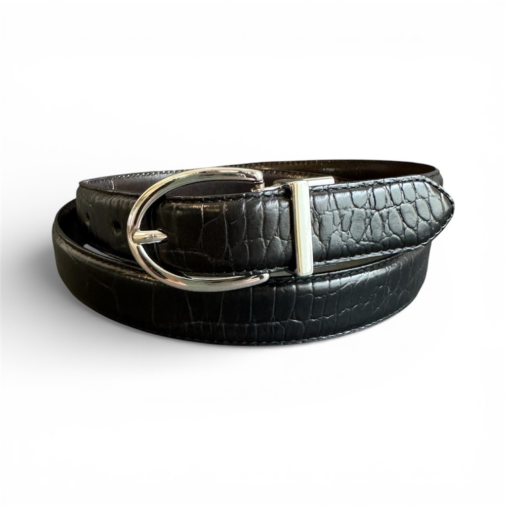 Ralph Lauren Black Leather Belt Croc Embossed Reversible‎ Unisex Womens Medium
